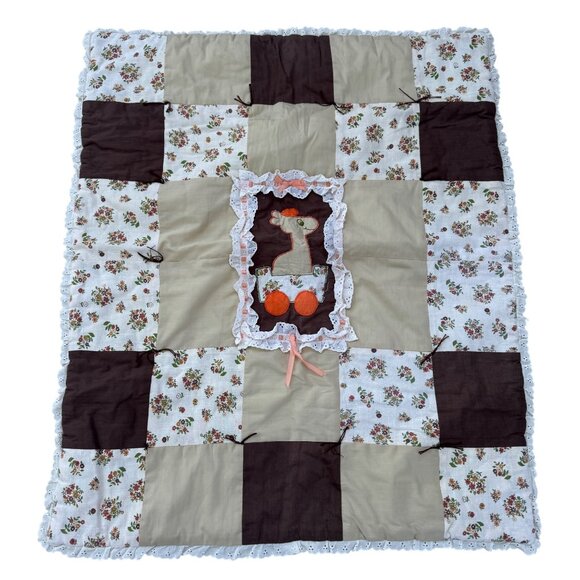 Vintage Handmade Baby Quilt Patchwork Throw Ruffle Trim Animal Flowers Toddler - Picture 1 of 4